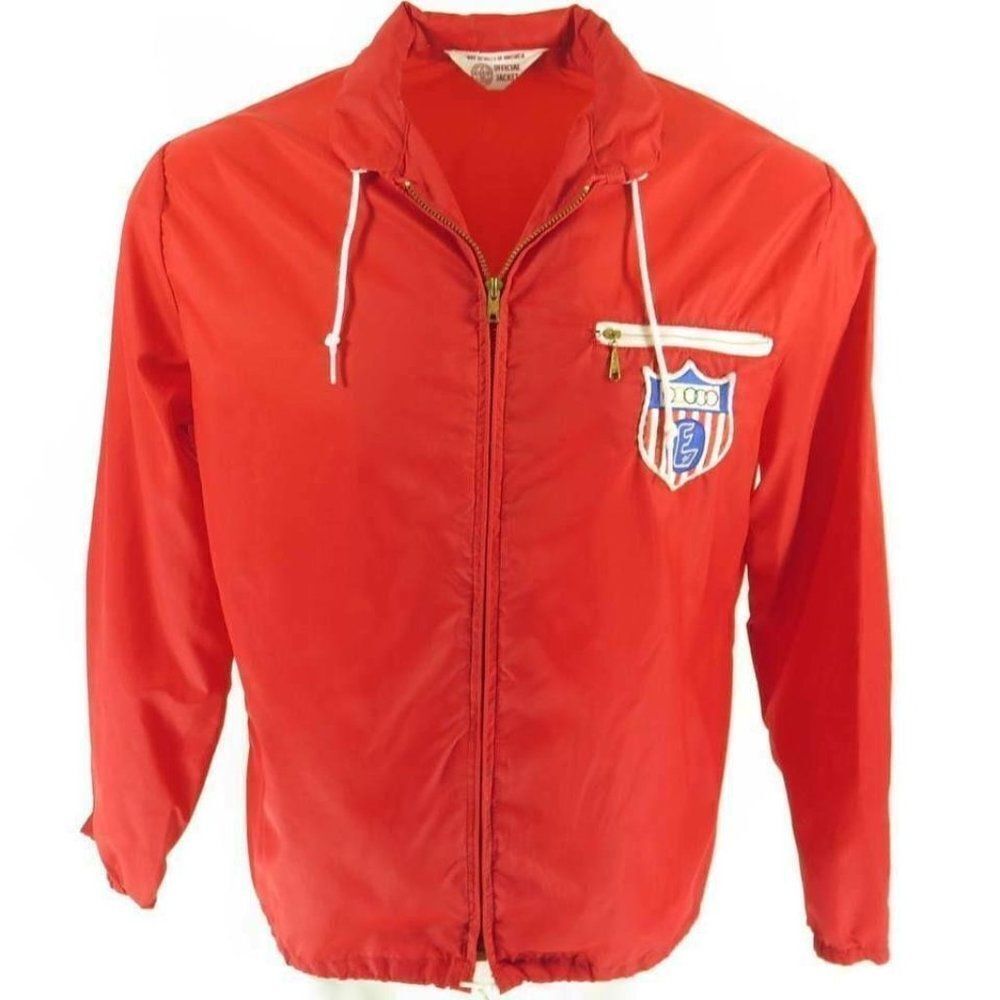 Vintage 60s BSA Windbreaker Jacket M Red Patch Boy Scouts of America Zip Hood